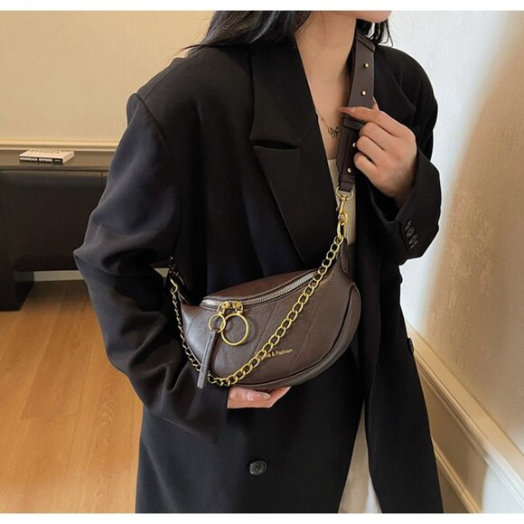 Brown Quilted Crescent Shoulder Bag - Picture 3 of 5